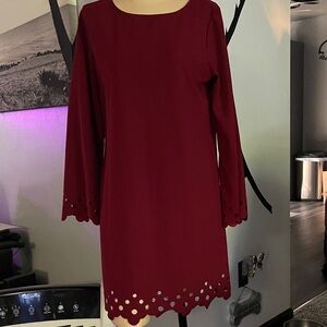 Elegant Burgundy Long Sleeve Scalloped Sleeves and Hemline Knee Length Dress (L)